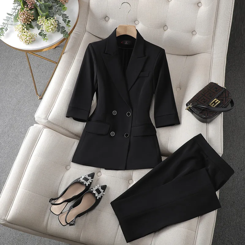 Pink Suits Women Fashion New 2023 Spring Temperament Porfessional Slim Half Sleeve Blazer And Pants Office Ladies Work Wear