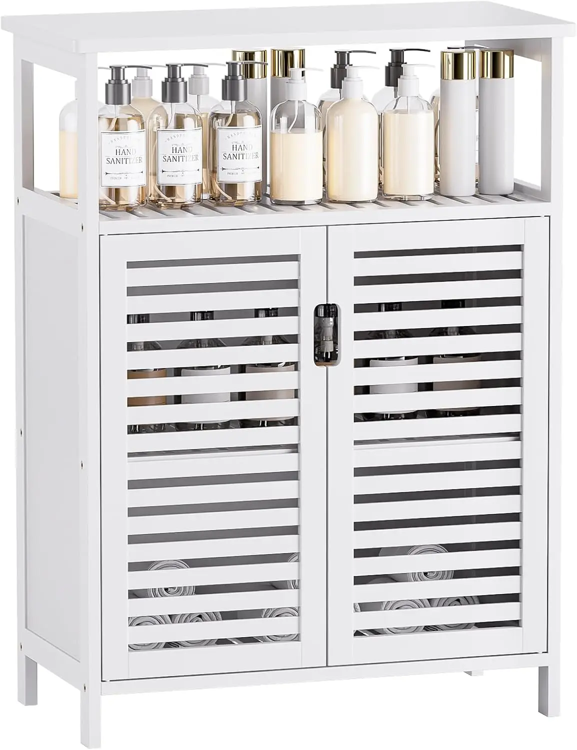

White Bathroom Cabinet, Bamboo Storage Cabinet Freestanding, Side Tall Storage Organizer for Kitchen Living Room Entryway
