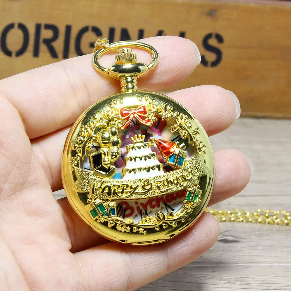 ユニークなハッピーバースデーケーキヴィンテージブロンズスチームパンク懐中時計、アンティークギフトアクセサリー用