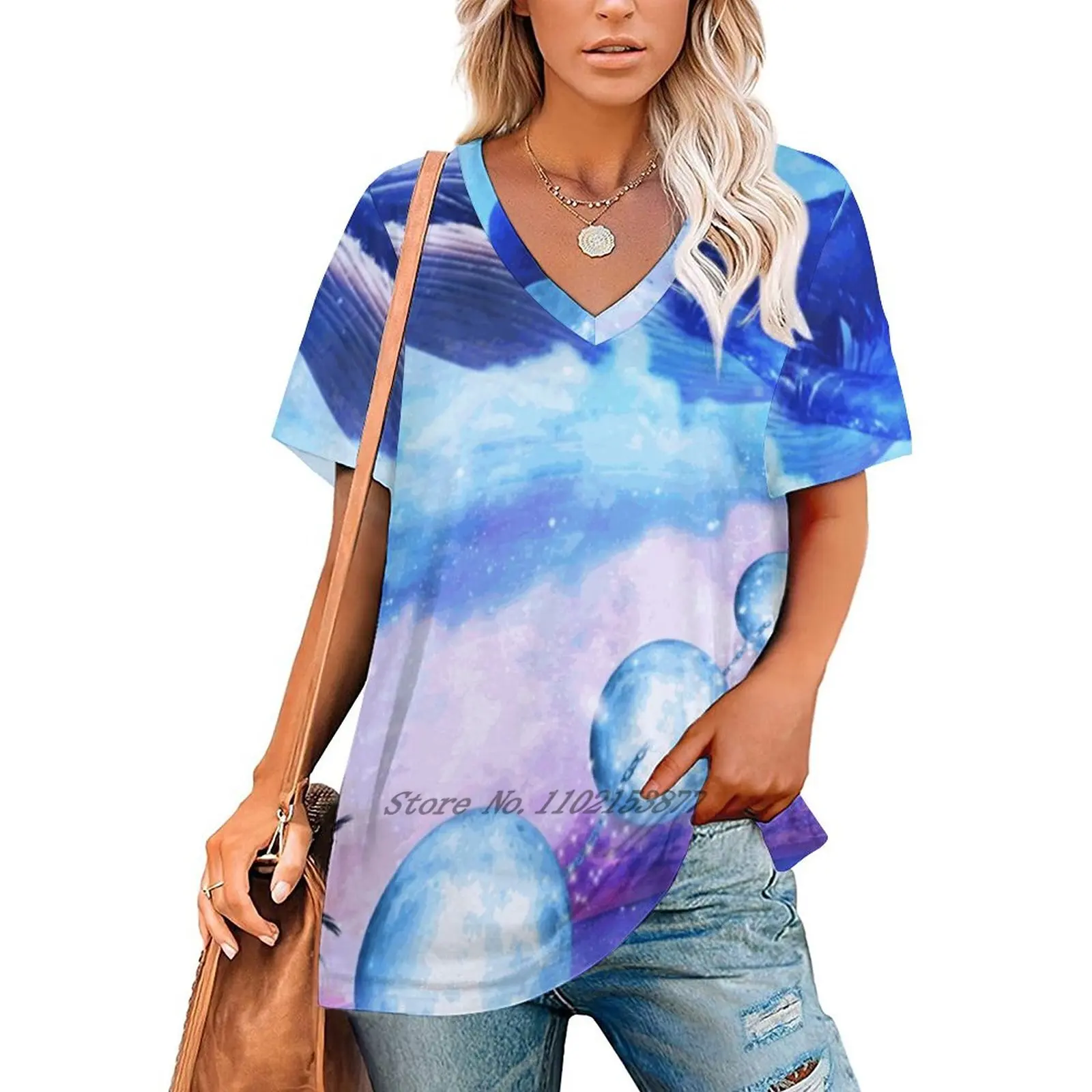 Ambition Sea Whale Women's T-Shirt Casual Short Sleeved Tops V-Neck Zipper Tee Ladies Loose T Shirts Whale Sea Water Bathroom