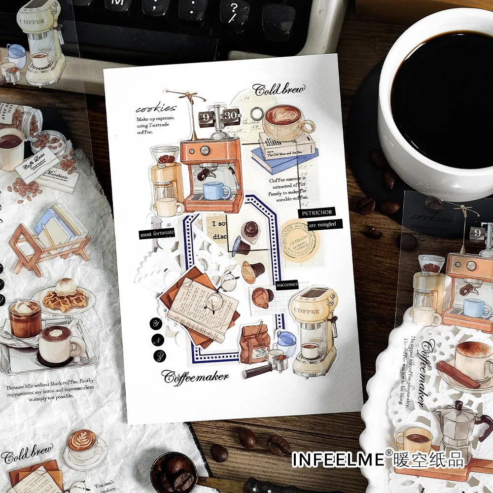 6 pcs Travel Coffee Theme Stickers Vintage Coffee Theme Waterproof Stickers For Decoration Planner Phone Case Scrapbook Journal