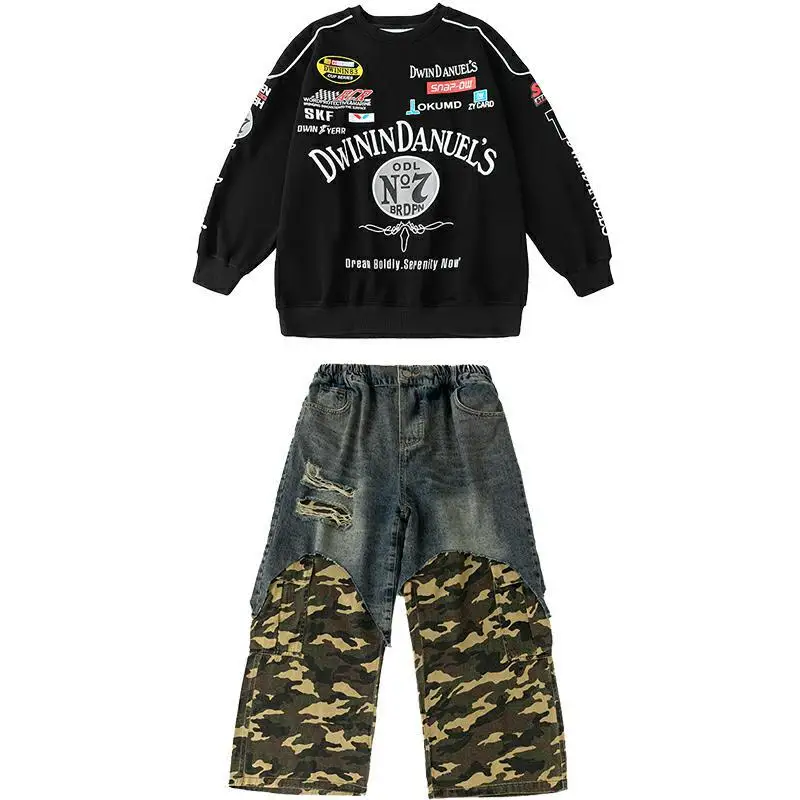 طفل Kpop الهيب هوب الملابس السوداء خطابات البلوز كامو الدنيم المرقعة ممزق السراويل لفتاة صبي الشارع أزياء رقص الملابس #5