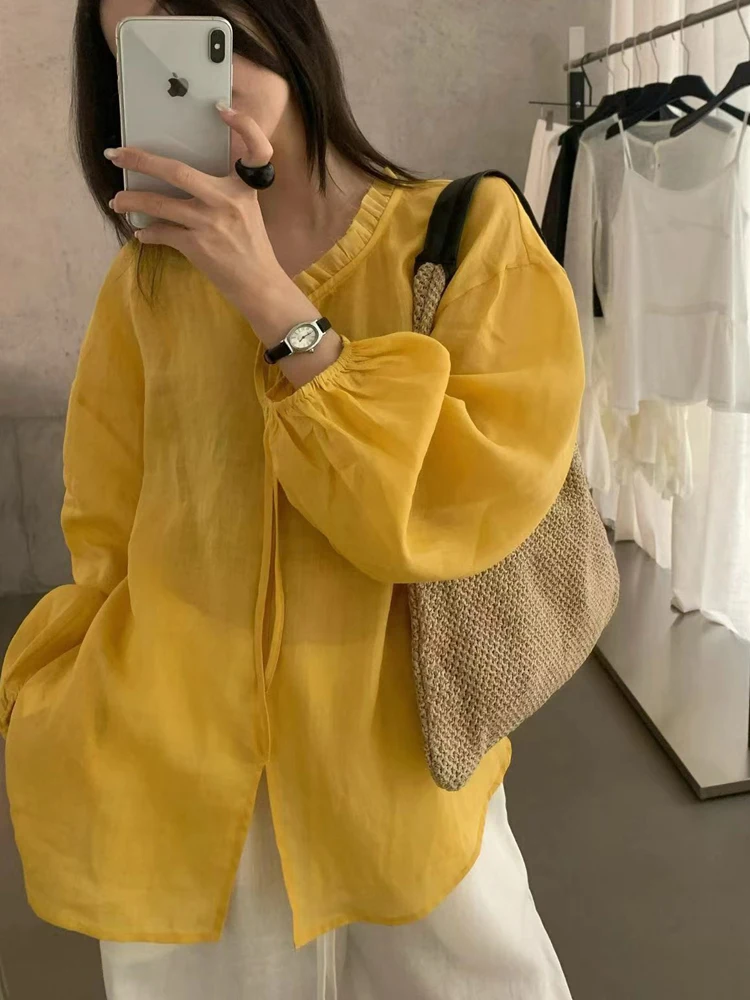 

Женская туника свободного кроя с V-образным вырезом Gentle Wind, летняя новинка, из конопляной ткани, с длинными рукавами-фонариками, защита от солнца