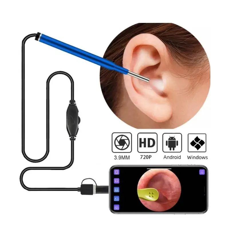 3.9mm Otoscope Ear Inspection Camera Video 3 in 1 USB Visual Ear Cleaning Endoscope 720P Medical Camera for Android Phone PC