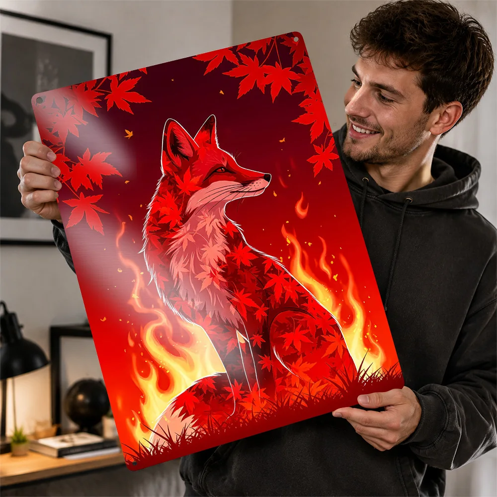Fox With Maple Leaves and Fire 3D Texture Printed Poster Custom Vintage Metal Tin Plate Sign for Wall Art Article Decoration
