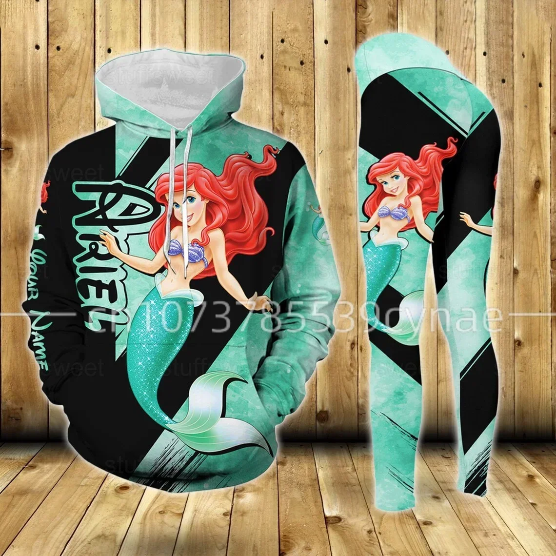 

New Disney Ariel Princess 3D Hoodie Women's Hoodie Suit Princess Ariel Yoga Pants Sweatpants Fashion Sports Suit