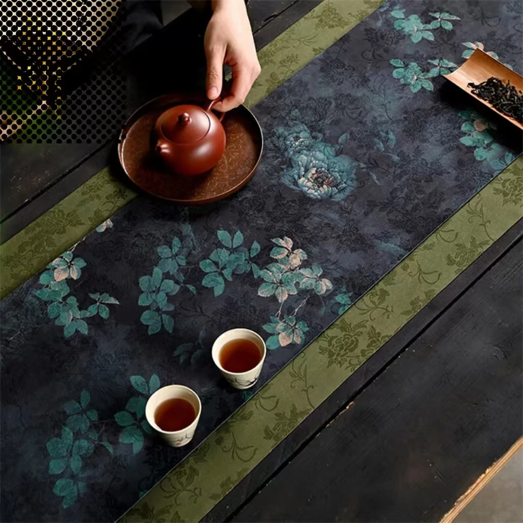 Waterproof brocade teamat light luxury high-end table runner imitation linen fabric Chinese style teaflag mat new Chinese style
