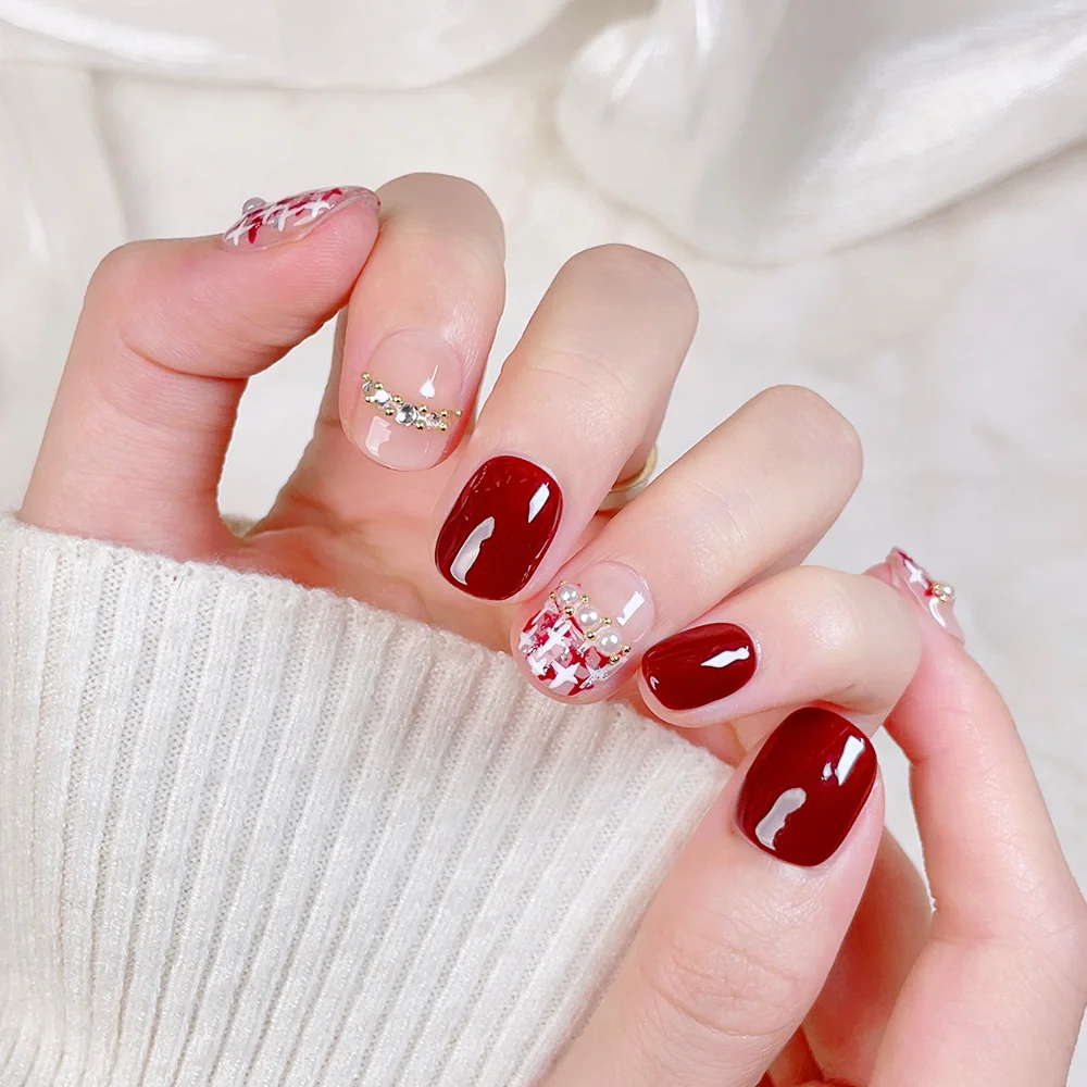 10pcs Short Square Round Handmade Press On Nails Kit, Wine Red Fake Nails, Cute Elegant Wearable Nail Art, Sparkling Rhinestones