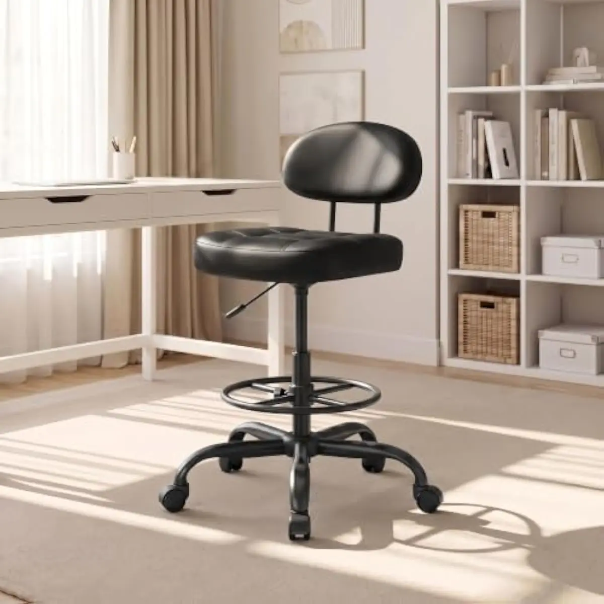 Ergonomic C-shaped lumbar support drafting stool with 3.3-inch memory foam seat, adjustable height from 34.6 to 43.3 inches, int