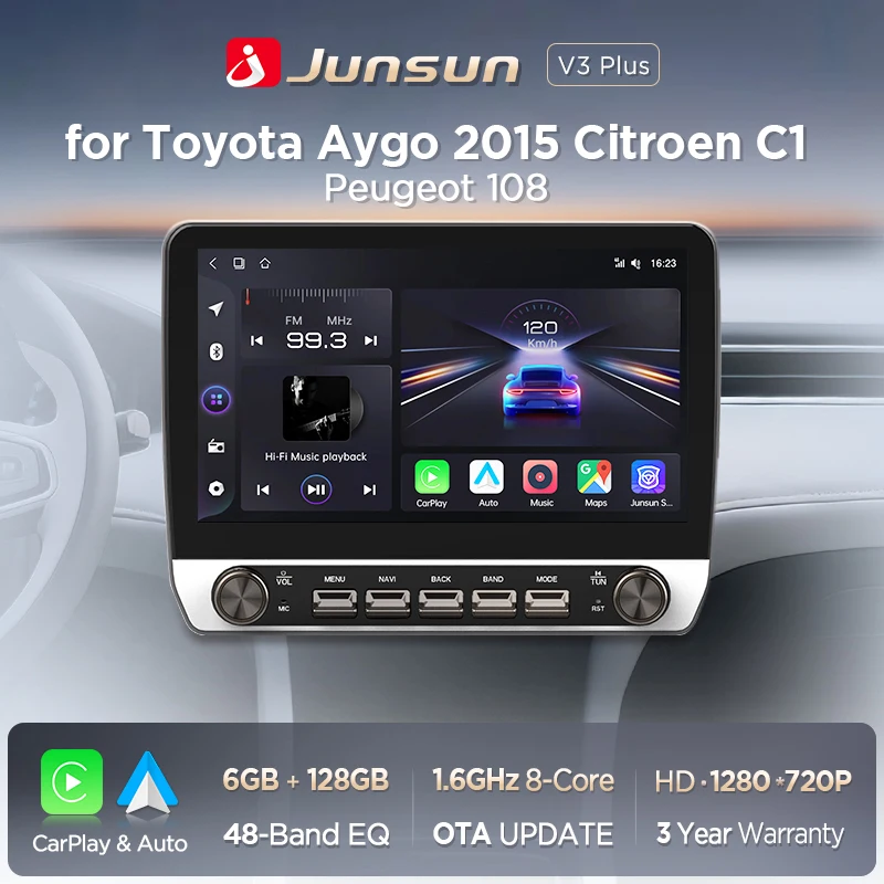 Junsun 10,1-Zoll-Autoradio für Peugeot 108 für Toyota Aygo 2014-2021, kabelloses CarPlay, Android Auto, intelligente Systeme, IPS-Touchscreen mit physischen Tasten, DSP, GPS-Navigation, WLAN, DAB+,