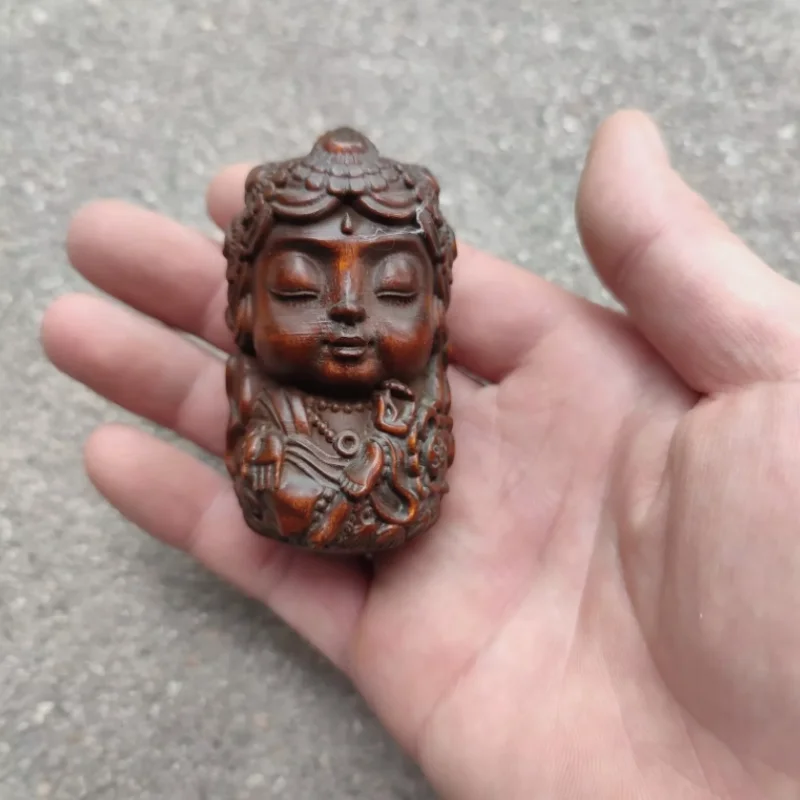 Vintage Wooden Ornaments Boxwood Carving Baby Buddha Statue Figurine Lotu Flower