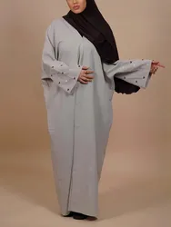 Heart Moon Embroidery Abaya Polyester Effect Fabric Batwing Sleeves Kimono Muslim Women Dubai Clothing Hijab Robe Ramadan