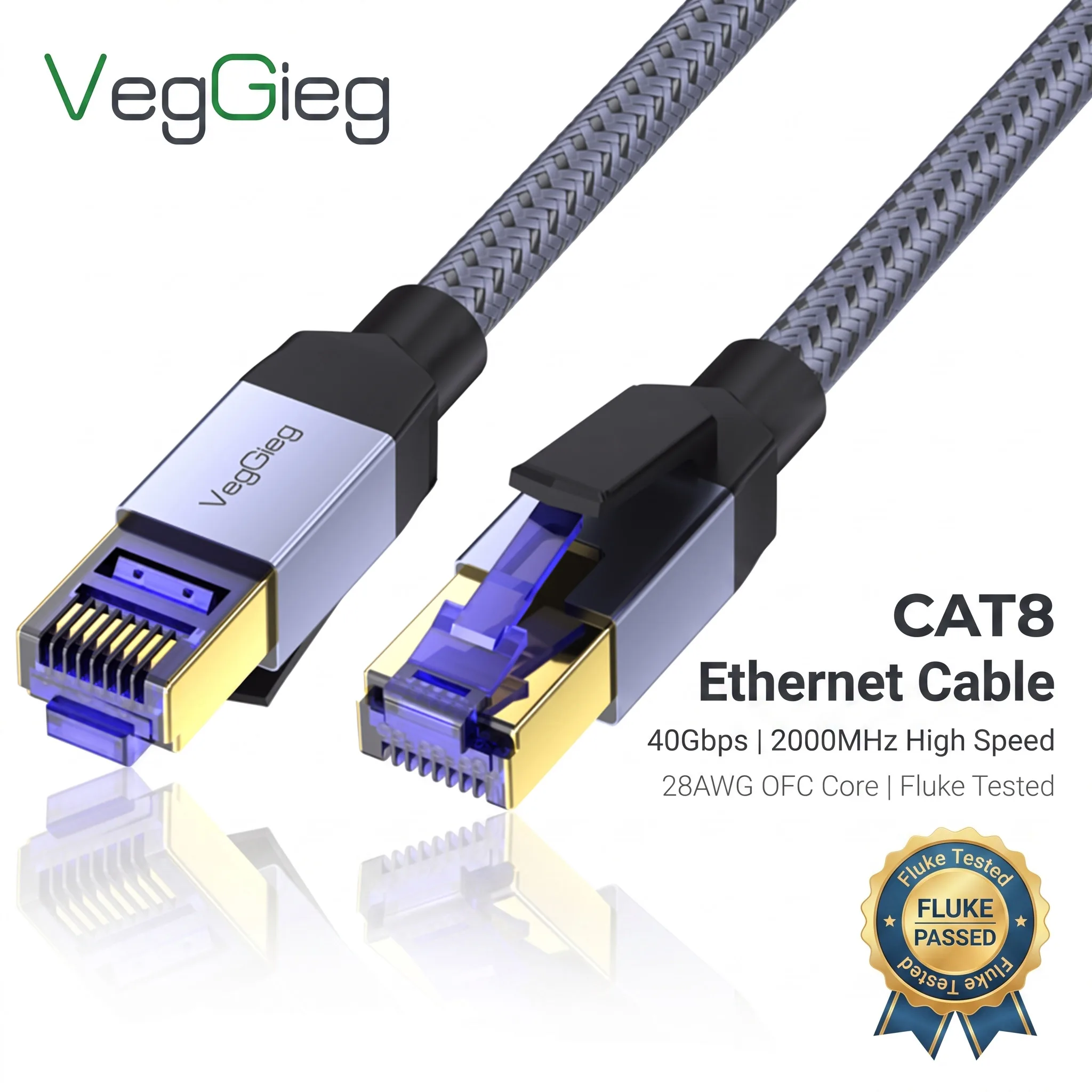 VegGieg Cat8 Ethernet Cable 40Gbps 2000MHz Braided RJ45 Gold-Plated Shielded LAN Cable for Gaming And Router