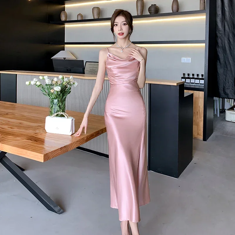 Elegant Party Black Satin Midi Dresses for Women 2024 Summer New Sexy Fashion Bodycon Sleeveless Split Strap Female Clothing