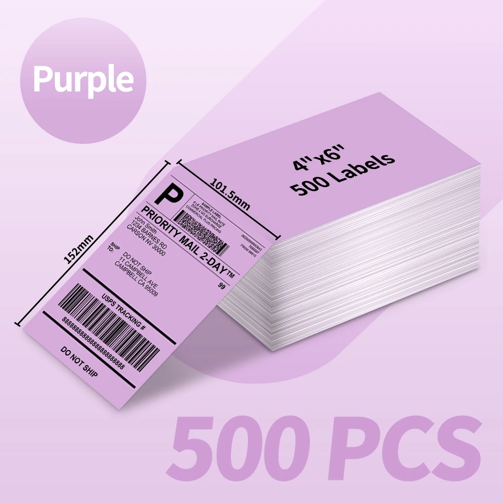 Phomemo 4x6 Thermal Labels for Shipping Label Printer - 500PCS Purple Mailing Labels 4x6 Direct Thermal Labels Fanfold BPA Free