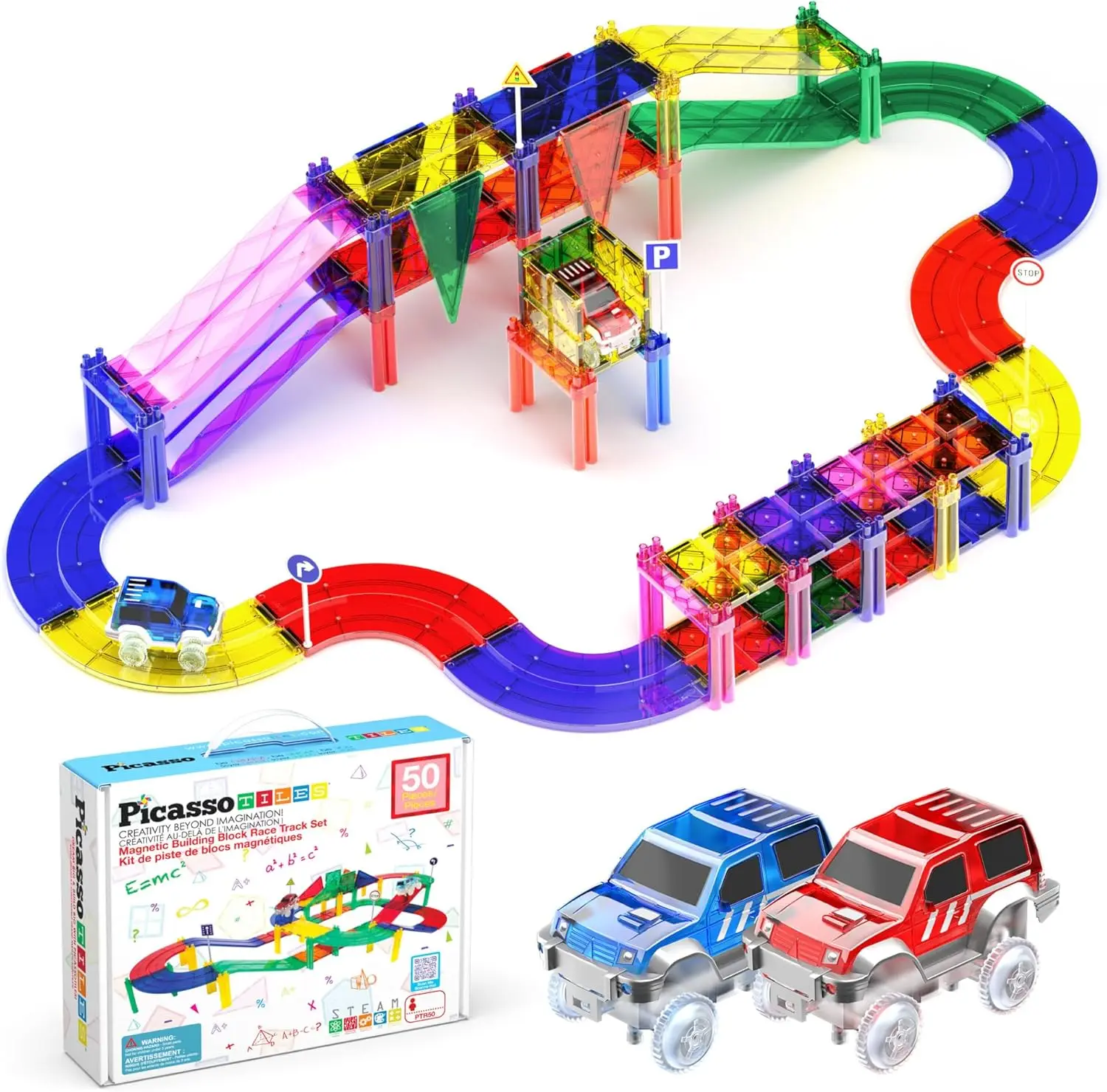 

50pc Racecar Track Magnetic Tiles Educational Kids Toy with 2 Light Up Trucks STEM Preschool Learning Magnet Tile Toddler Toys B