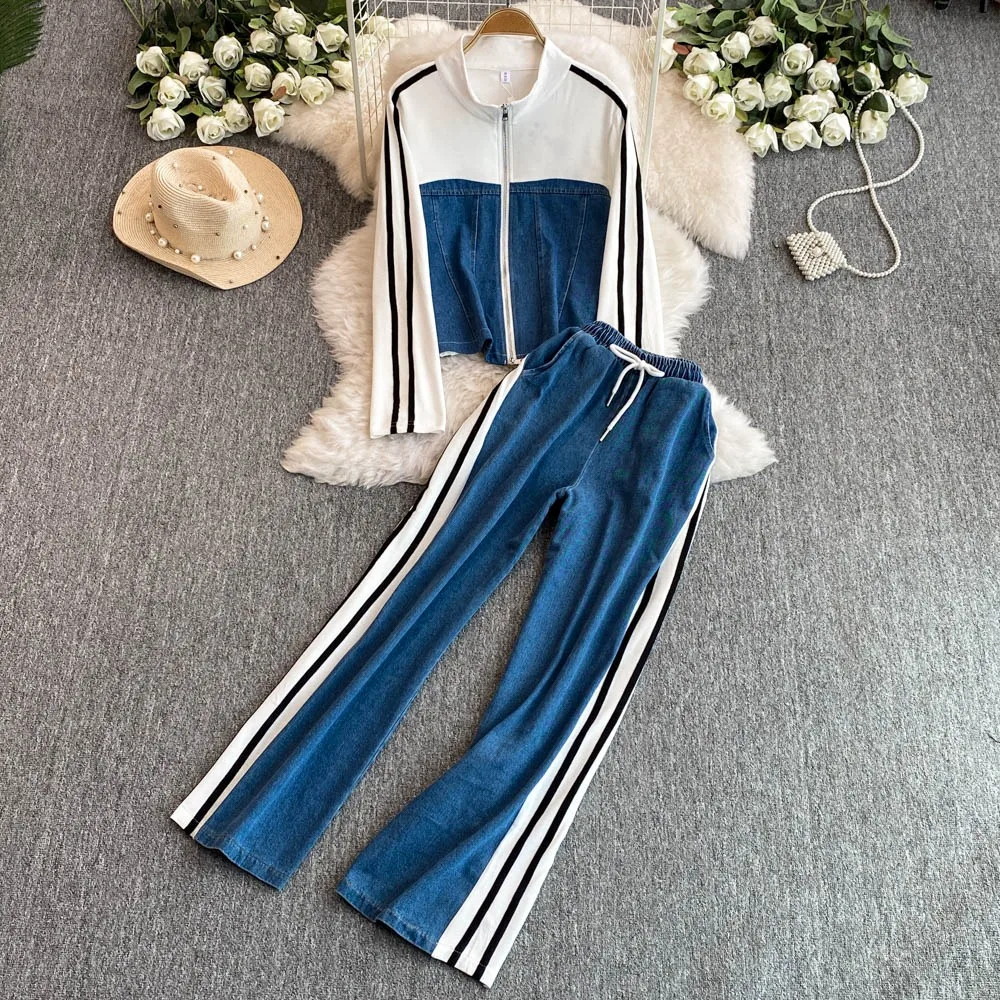 Neploe Europe Turtleneck Long Sleeve Casual Sets Tops Wid Legpants Straight Panelled Lace Up Trousers Moda Stripe Suit Sweatpant