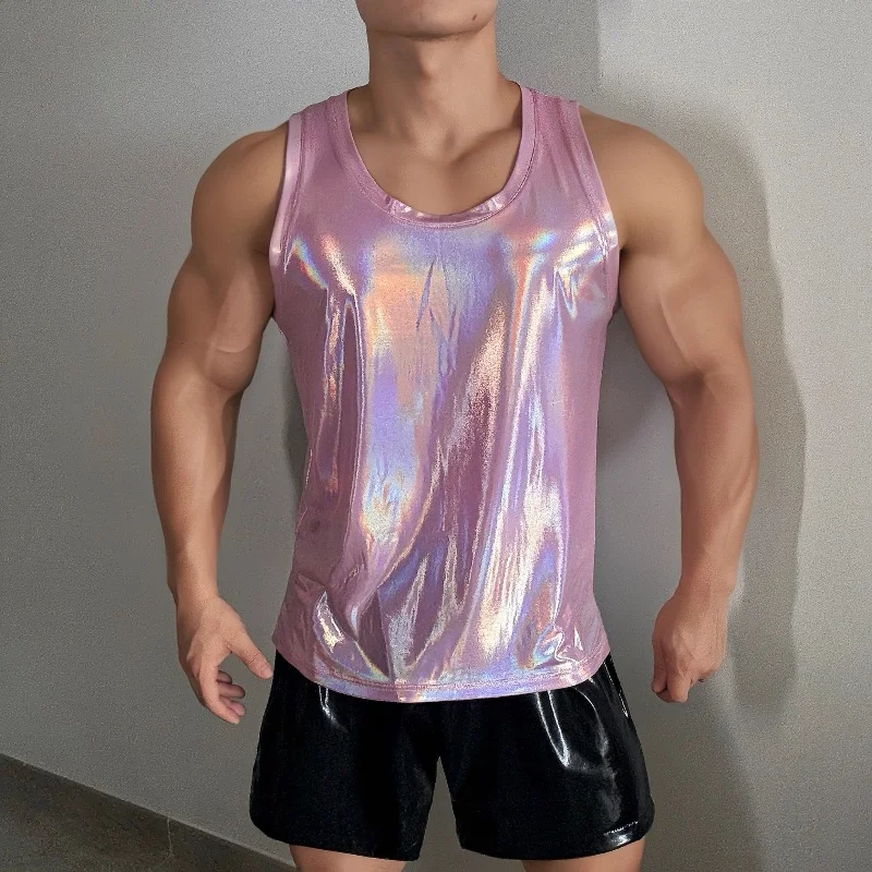 

Men's 2025 Summer New Fashion High Elastic Tank Tops Male Retro Soft Faux Leather Sleeveless Vests Fitness Training Clothes Tops