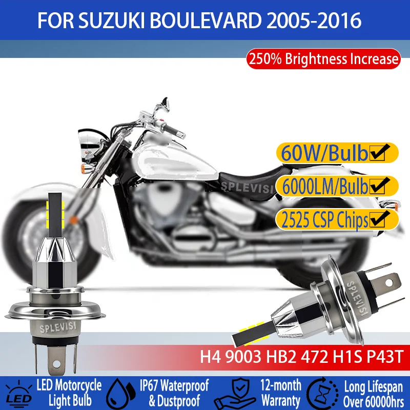 

250% Brighter Vision H4 Motorcycle LED Bulb P43T Waterproof For Suzuki Boulevard 2005 2006 2007 2008 2009 2010 2011 2012-2016