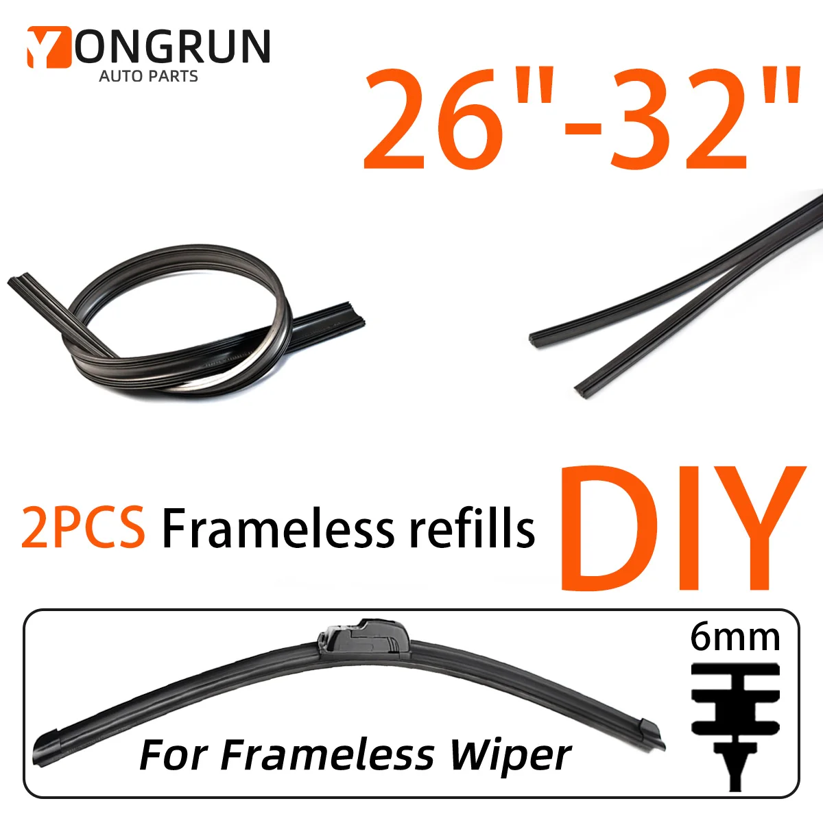 2PCS Hochwertige Ohne Knochen Gummi Auto Scheibenwischerblatt Füllstreifen Rahmenlose Wischer Zubehör 6mm 26 "28" 30 "32"
