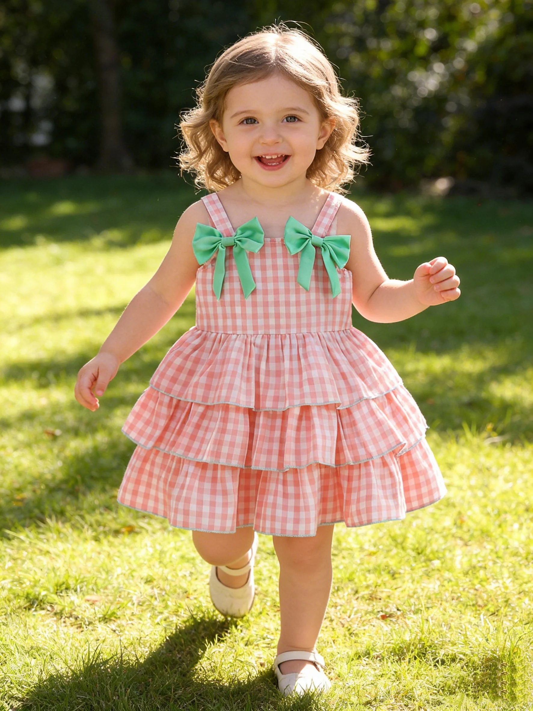 Summer New Pink And White Plaid Baby Girl Dress with Sash And Multi-layer Lace Hemline Fresh And Cute Cake Skirt for Babies