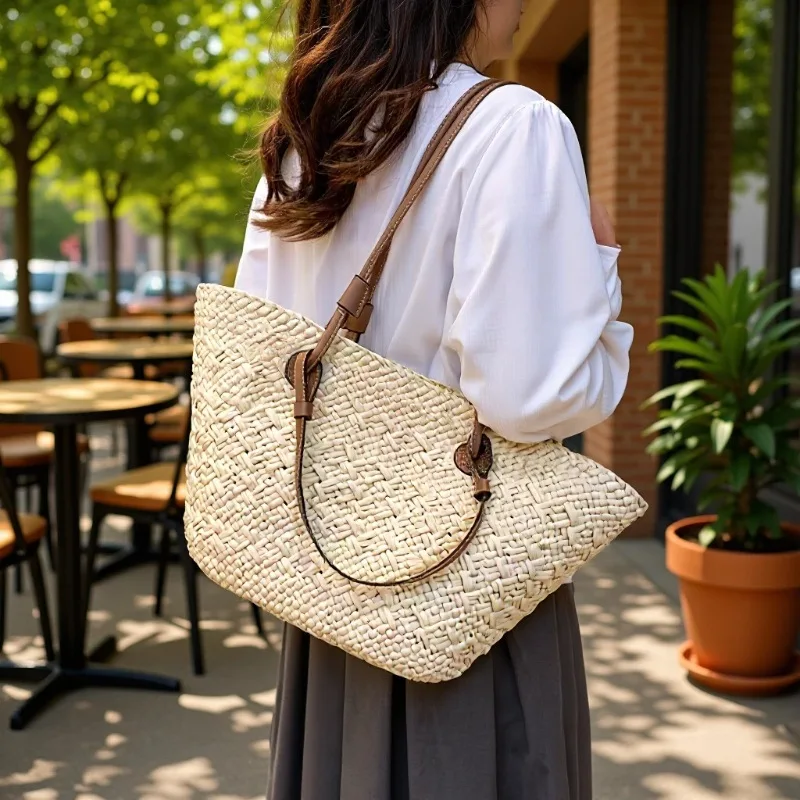 Women Solid Woven Tote Bag, Fashion Large Capacity Straw Beach Basket Bag, Summer Vacation Handbag Available in 2 Sizes