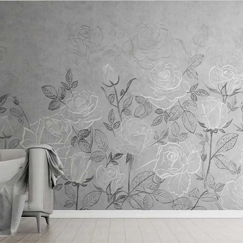 Elegant Vintage Hand-painted Line Roses Custom Wall Murals Wallpape Wall Decor Background Home Decor Floral Wall Coverings