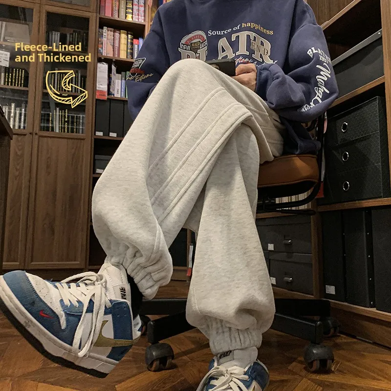 

Men's Winter Thiened Fce Lined Loose Fit Cuffed Sweatpants American Sle High Street Casual Pants Youth Faion Trend