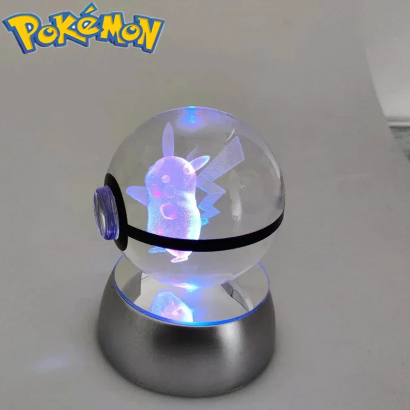 Pokemon crystal ball 8cm 3D children's toys Snorlax Gengar Mimikyu model LED light base birthday Christmas gift collectibles