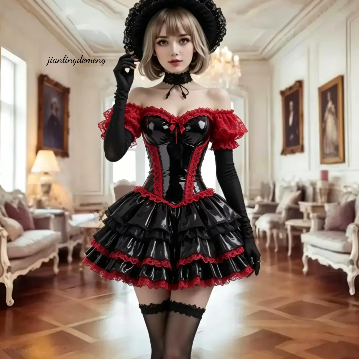 Sweet Gothic Prom Dress Black PVC Off Shoulder Red Lace Puff Sleeve Red Bow Tier Ruffle Mini Skirt Halloween Cosplay Customized