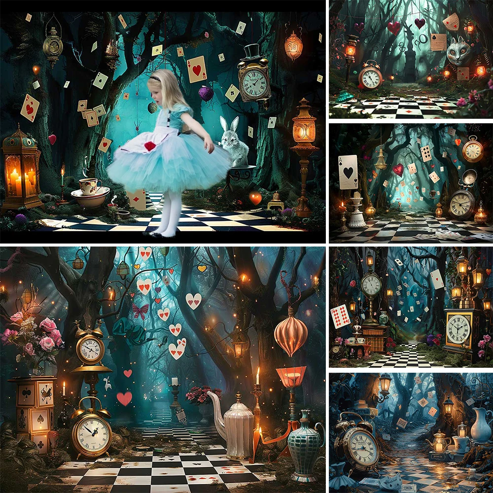 

Mocsicka Alice Girl Birthday Studio Photo Background Magic Forest Clock Checkered Floor Backdrop Decor Kids Photography Prop