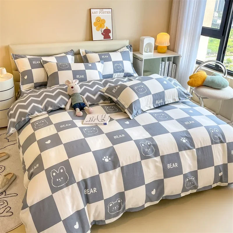 Checkered Plaid Duvet Cover Twin Queen Size Cotton Cartoon Bear Bedding Set Geometric Grid Comforter Cover with 2 Pillow Sham