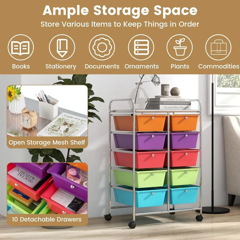 عربة تخزين دوارة مع 10 أدراج للحرف اليدوية، والورق، والصالون، وتنظيم قصاصات الورق