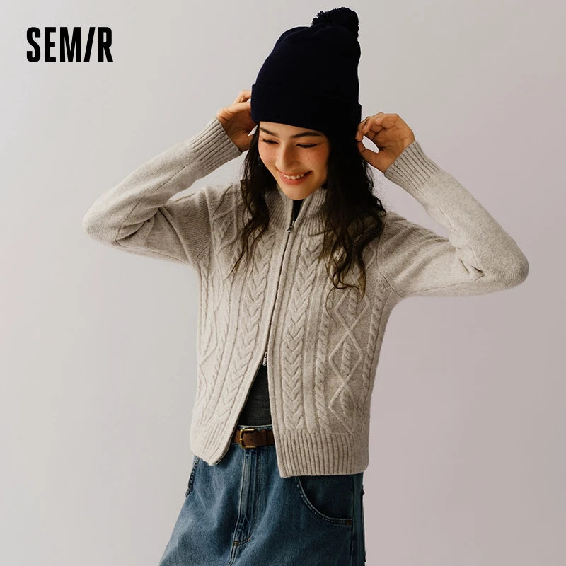 Semir Knitted Cardigan Women Slim Fit Square Shoulder Gentle Series 2024 New Winter