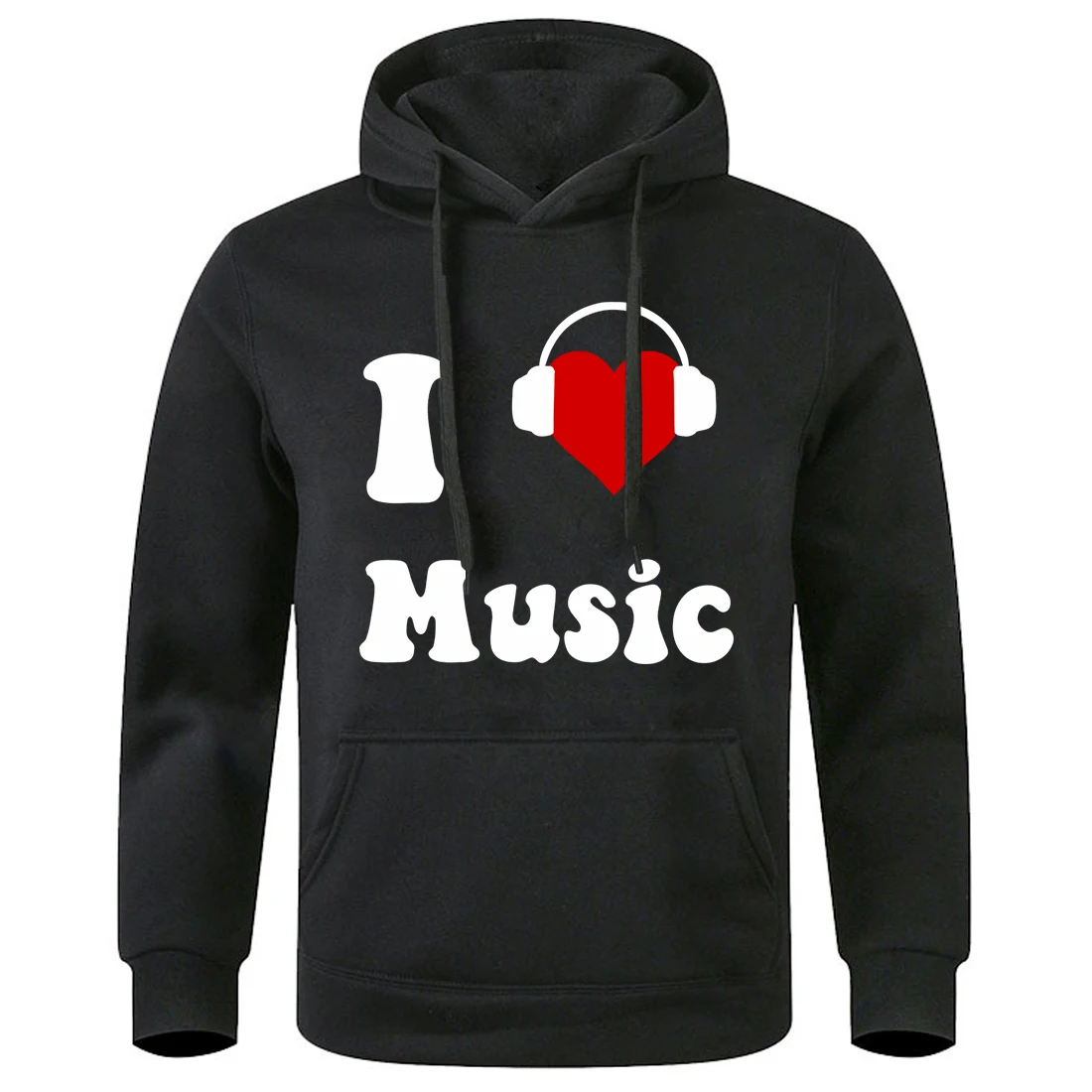 I Love Music Printing Male Hooded Leisure Essential Sport Shirts Machine Washable Comfy Sportwear Versatile Fleece Pocket Top