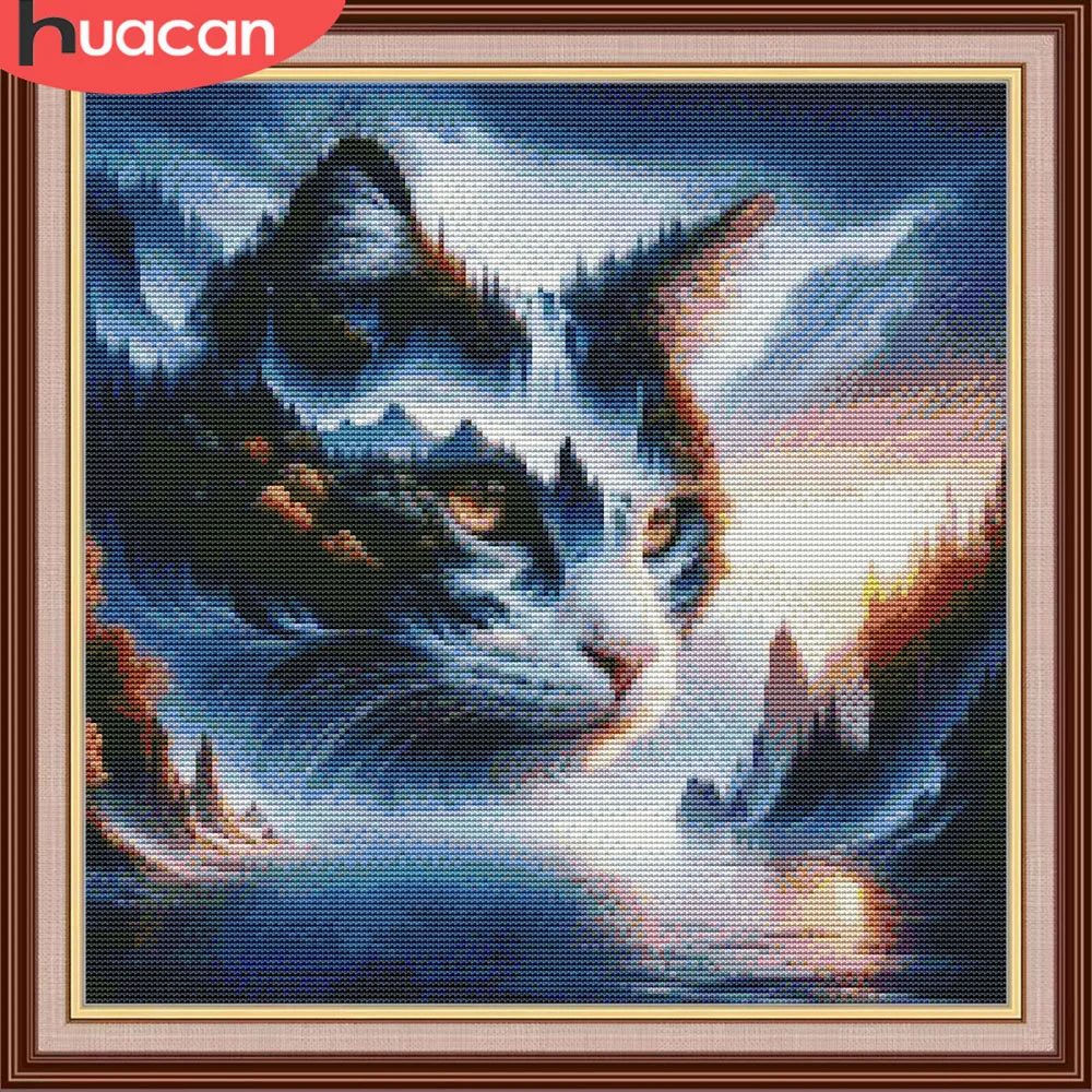 HUACAN 11Ct Kreuzstichset Katze Landschaft Stickerei Set Tier Handarbeit Bild Gedruckt Leinwand Diy Kit Für Erwachsene