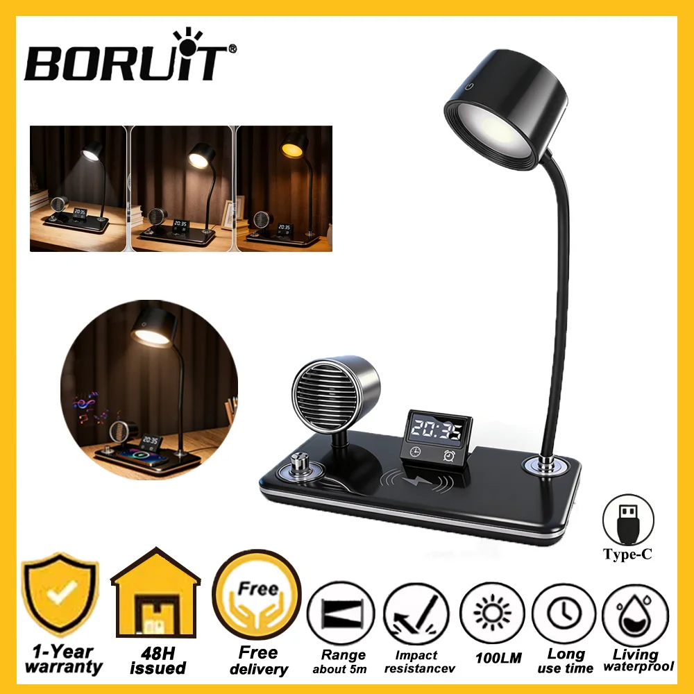 

Настольная светодиодная лампа BORUiT с USB-портом, Bluetooth-колонкой, многофункциональной беспроводной зарядкой, подставкой, часами и тремя режимами цвета для чтения
