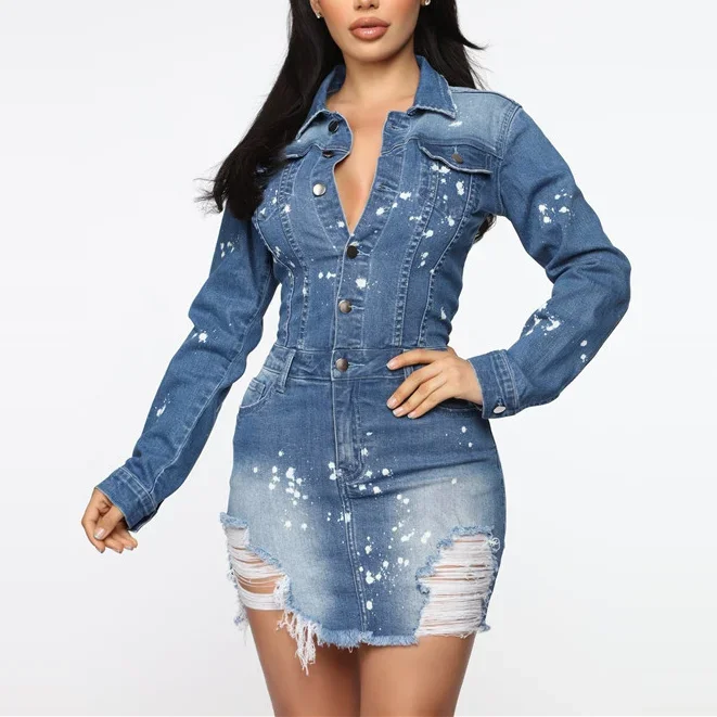 

Holow Out Denim Dress Sexy Slim Long Sleeve Jeans African Women Dress Female Streetwear Bodycon Shirt Dress Vestido De Mujer