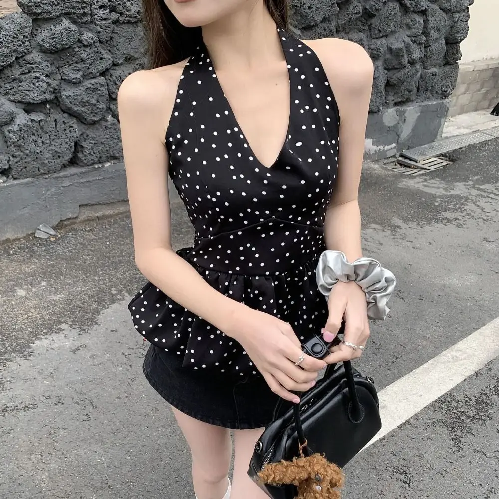 

Comfortable Dot Sleeveless Crop Top Y2k Lace Up Halter Ruffle Vest Top Slim Fit Chic Women Camisole Summer