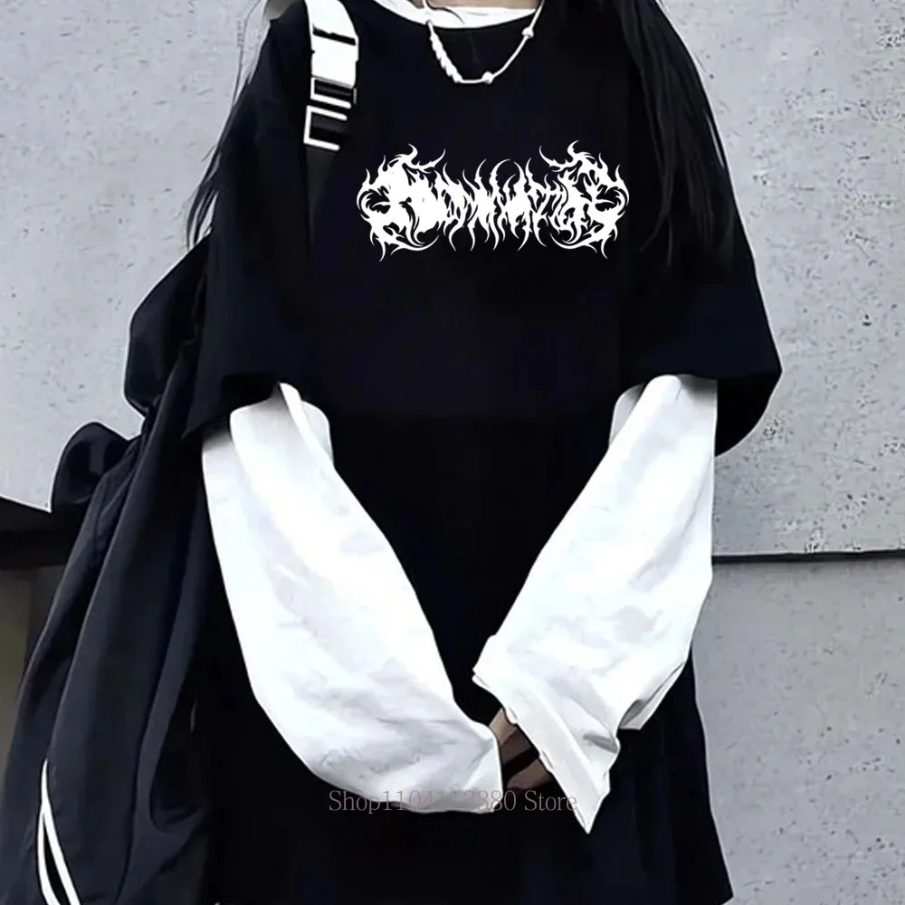 Image of Damen Gothic Grafik Y2K Print Fake Two-Layer Langarm-T-Shirt – Modisches Streetwear Retro Lässiges Lockeres Fake-Two-Layer Langarm-T-Shirt