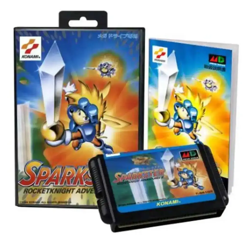 Sparkster com caixa e manual para cartucho de jogo Sega MD de 16 bits Sistema Megadrive Genesis