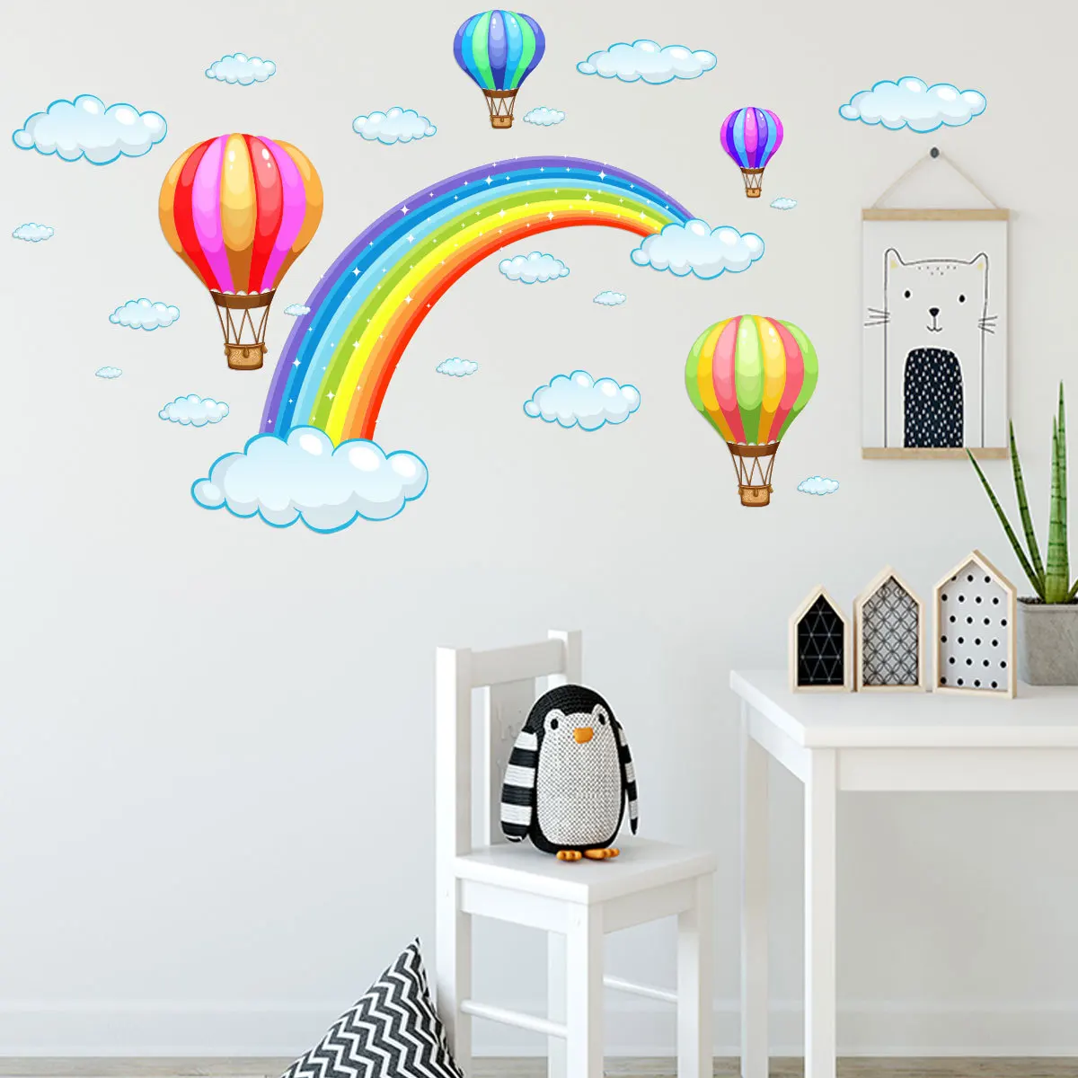 35*50cm Rainbow Cloud Hot Air Balloon Cartoon Wall Stickers Art Aeshtetic Living Room Bedroom Decorative Mural Pvc Wall Sticker