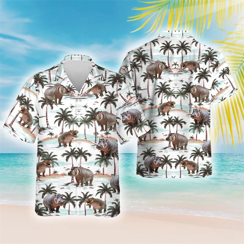 Funny Hippo 3D Printed Beach Shirts Cute Animal Shirt For Men Clothes Hip Hop Male Short Sleeve Blouses Hippopotamus Women Tops