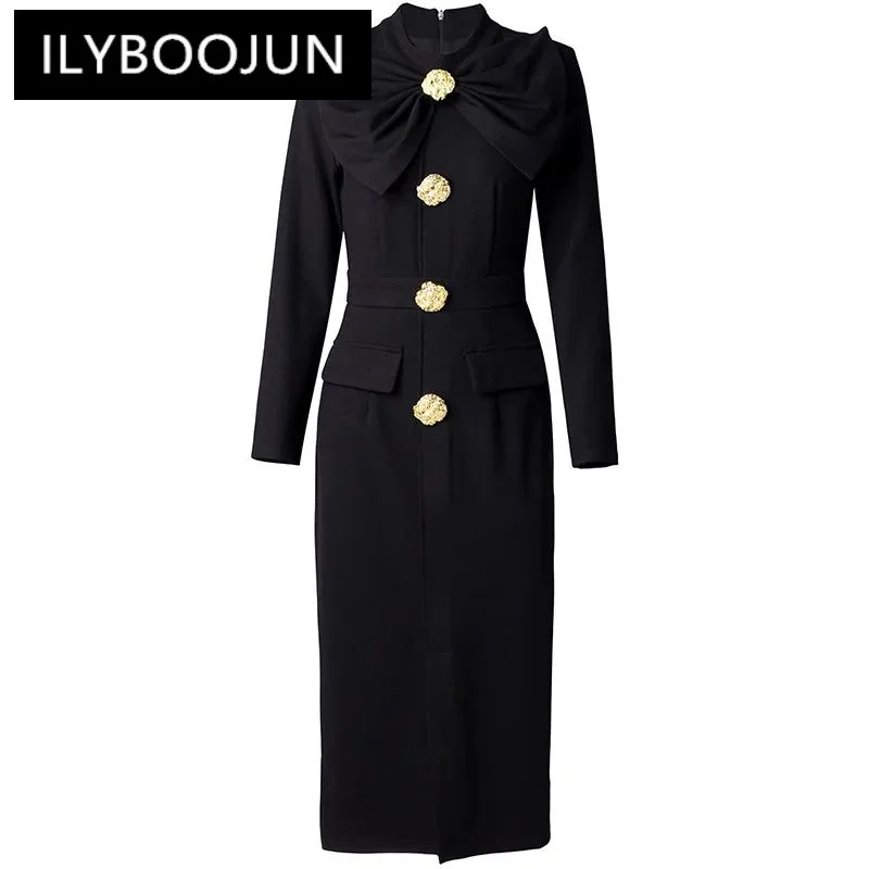 

ILYBOOJUN Fashion Women's 2024 Spring Bow Half High Collar Long-Sleeved Light Luxury Office Lady Slim-Fit Hip Wrap Split Dress