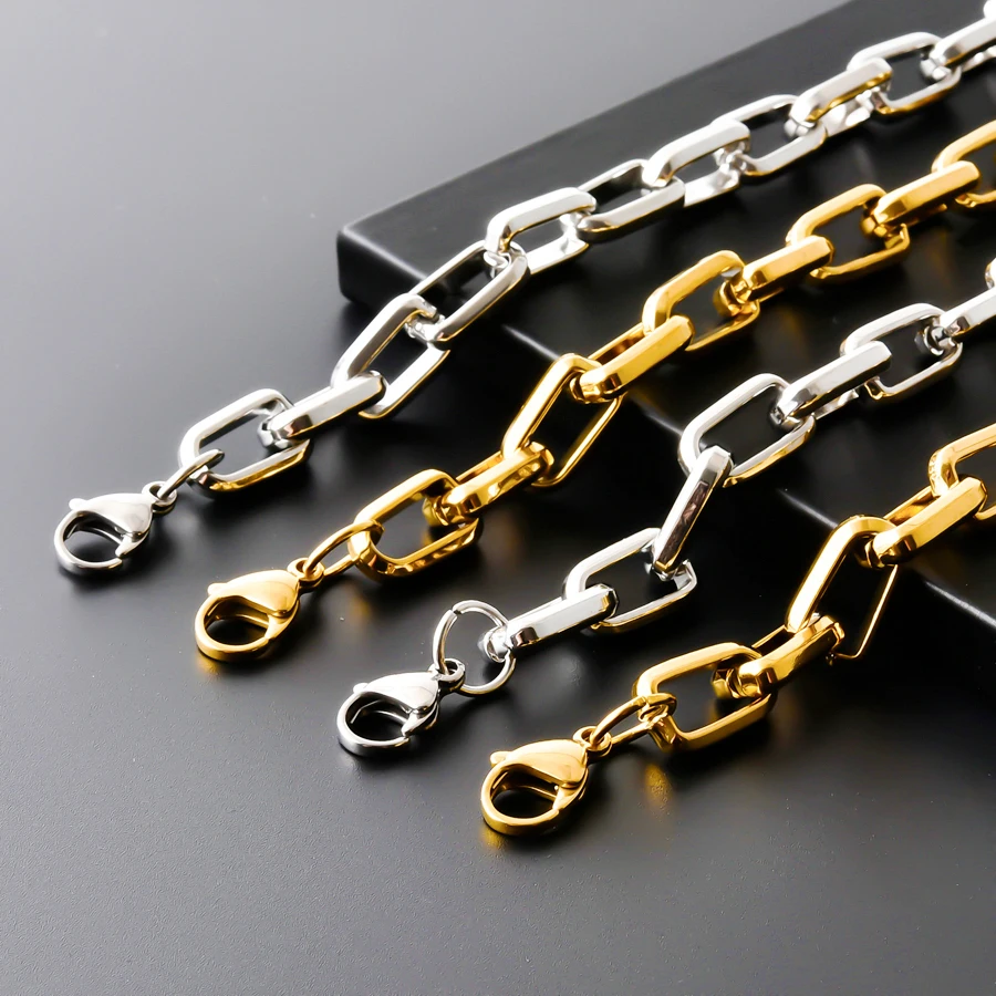 Statement Hombre Jewelry Rectangle Chains Around Neck Decor 45/50/60/70/80/90cm Stainless Steel Necklaces For Women Men Collares