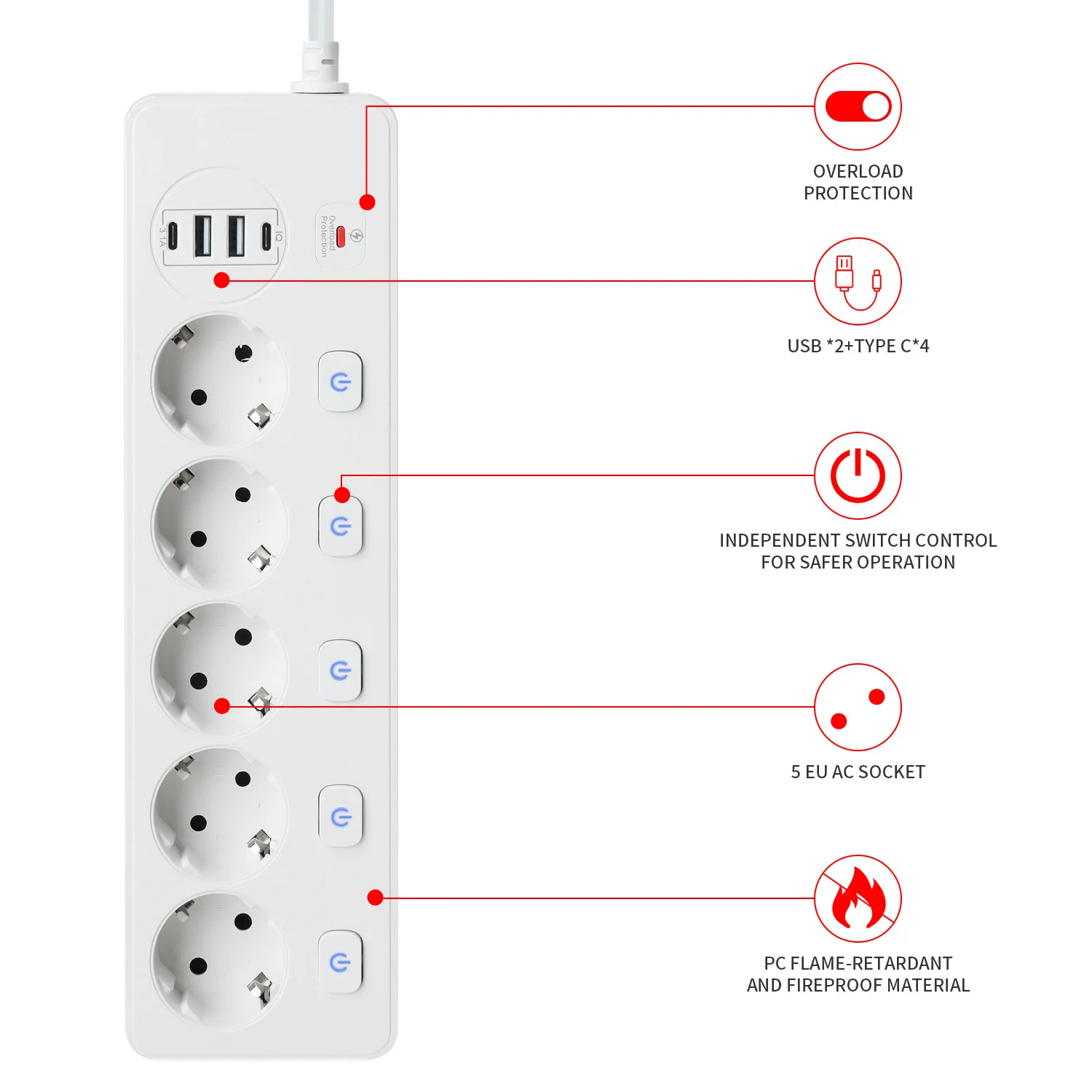 European Style Smart Power Strip with Multi USB Port Type-C 5 Outlets Socket with Overload Protection and Independent Switches