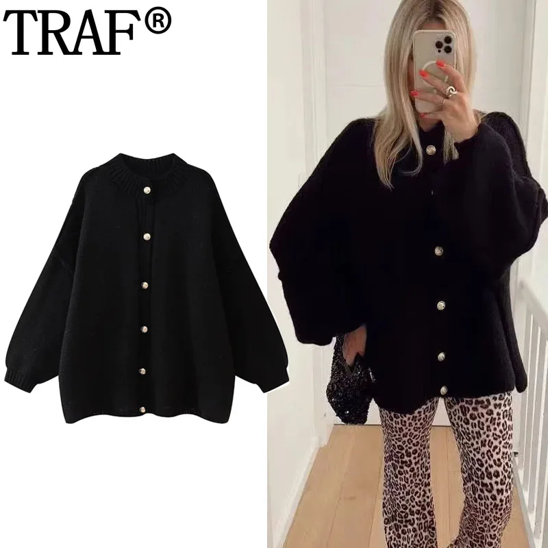 TRAF 2024 Beige Knitted Cardigan For Women Button Oversized Cardigan Woman Spring Long Sleeve Knit Cardigan Coat Black Sweater