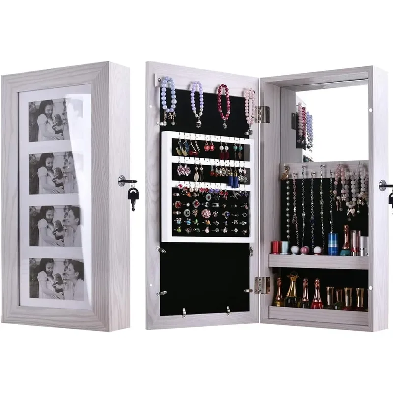 Armoire with Photo Frame Wall Mounted Lockable Jewelry Armoire Cabinet with Mirror Velvet lining for Storage Necklaces