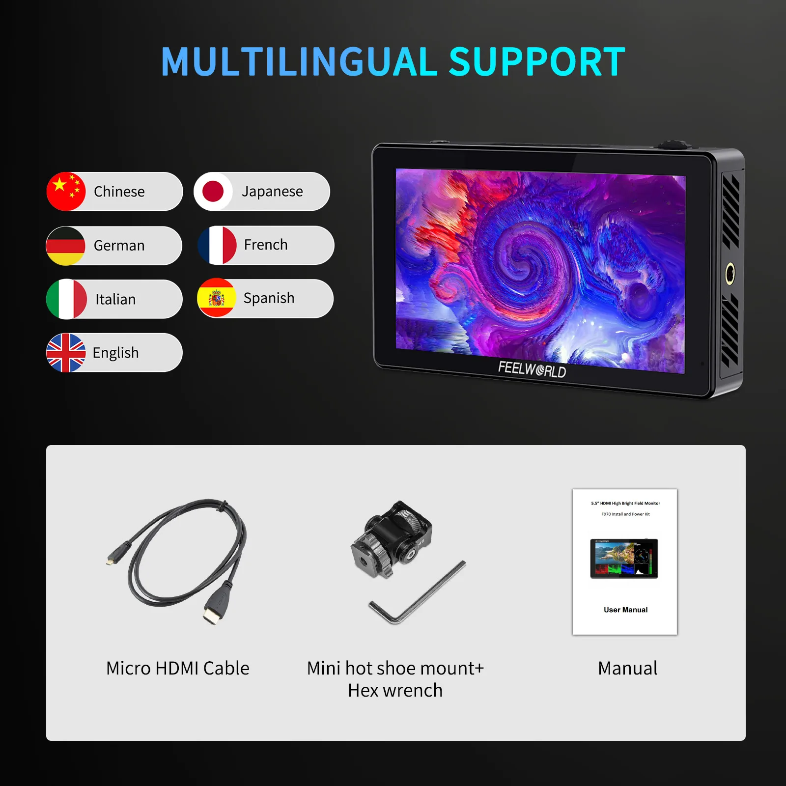 FEELWORLD LUT5 5.5 Inch 3000nit Ultra Bright Touch Screen DSLR Camera Field Monitor IPS 1920X1080 4K HDMI Input Output DC OUT