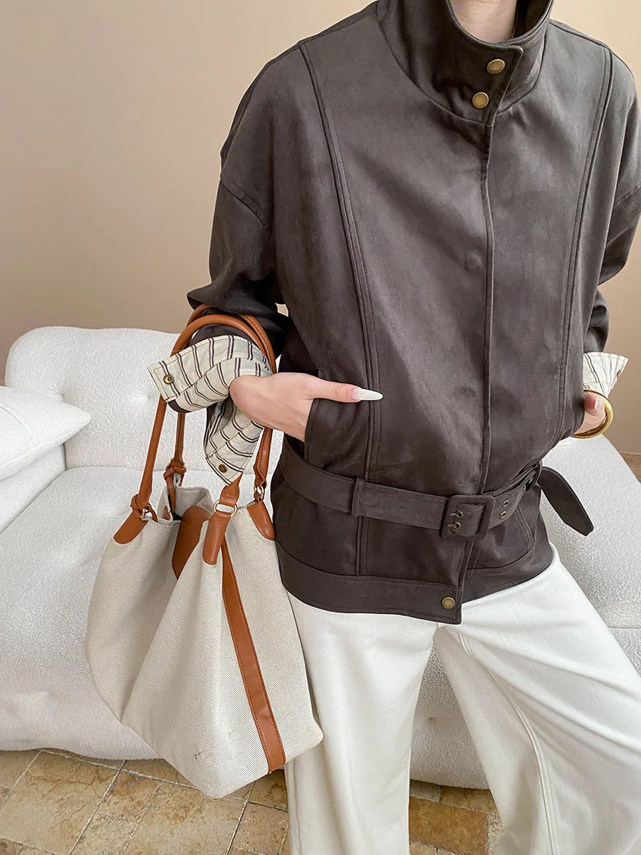 

Women's casual solid color American retro lapel lace up silhouette suede jacket jacket